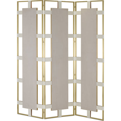 Camille Screen by Currey and Company in cream, brushed brass, mirror. Made from leather, brass, wood, glass in a transitional style.
