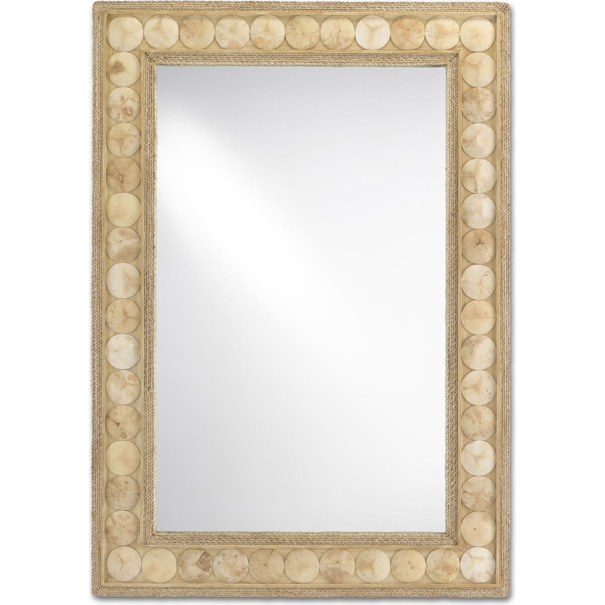 Buko Rectangular Mirror by Currey and Company in straw, natural abaca rope, coco shell, mirror. Made from wood, abaca rope, coco shell, glass in a modern style.