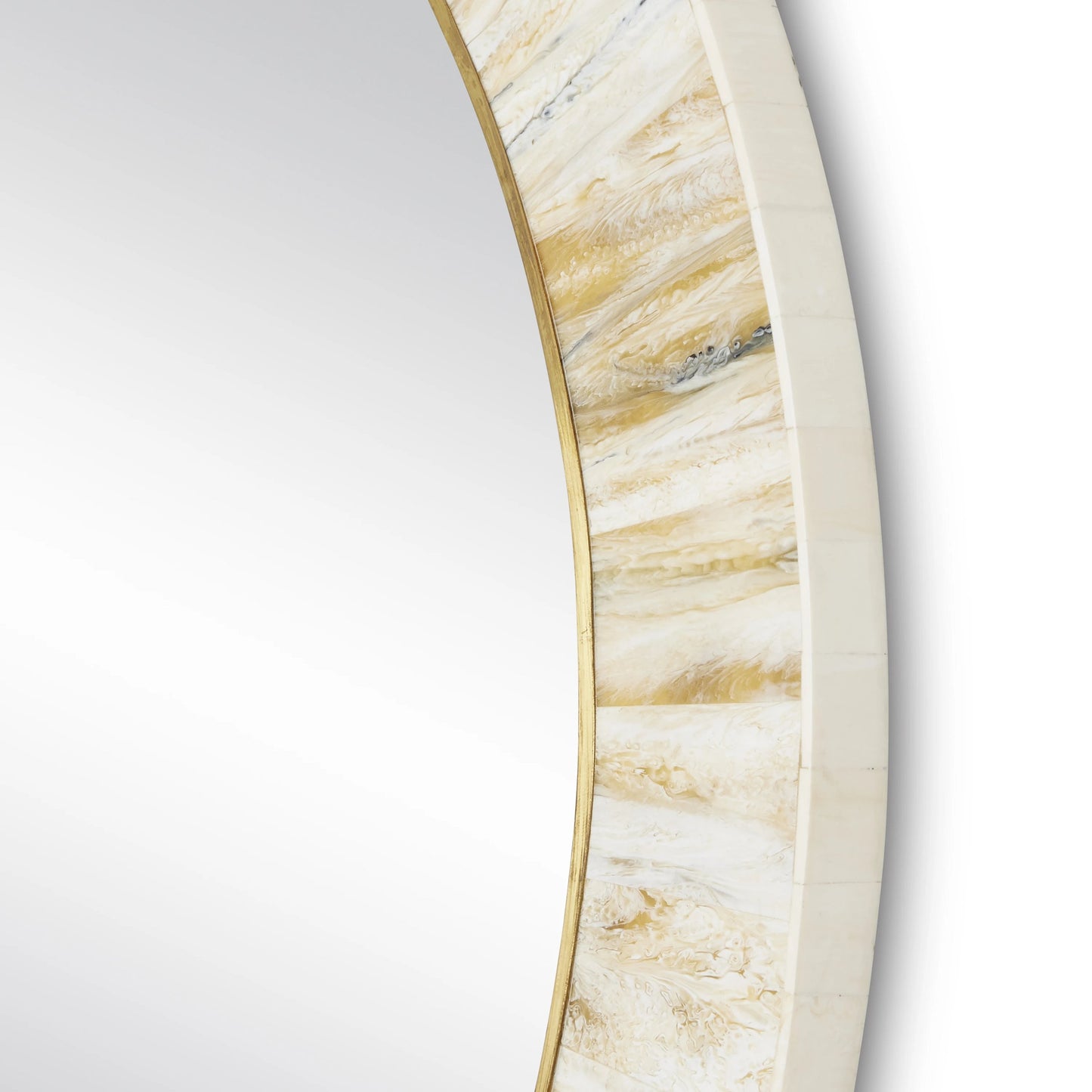 003 SI-1924052 | Closeup | Niva Round Wall Mirror by Currey and Company in cream, brass, mirror. Made from composite, brass, glass, engineered hardwood in a modern style.
