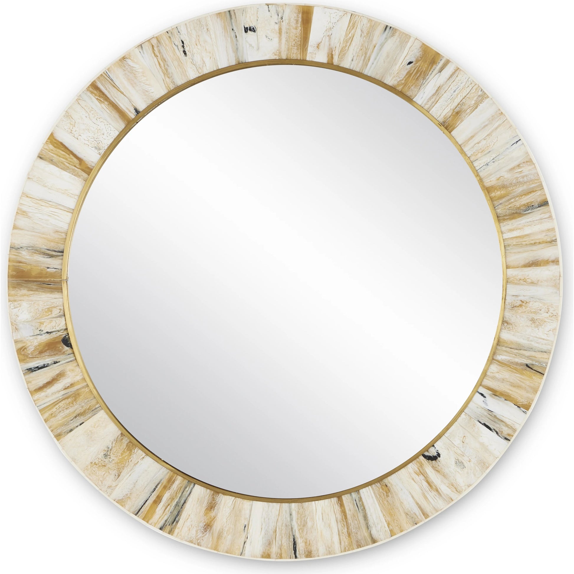 Niva Round Wall Mirror by Currey and Company in cream, brass, mirror. Made from composite, brass, glass, engineered hardwood in a modern style.