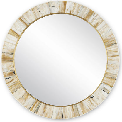 Niva Round Wall Mirror by Currey and Company in cream, brass, mirror. Made from composite, brass, glass, engineered hardwood in a modern style.