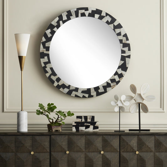 Bindu Round Mirror by Currey and Company in black, natural, mirror. Made from composite, chiseled horn, glass, engineered hardwood in a modern style.
