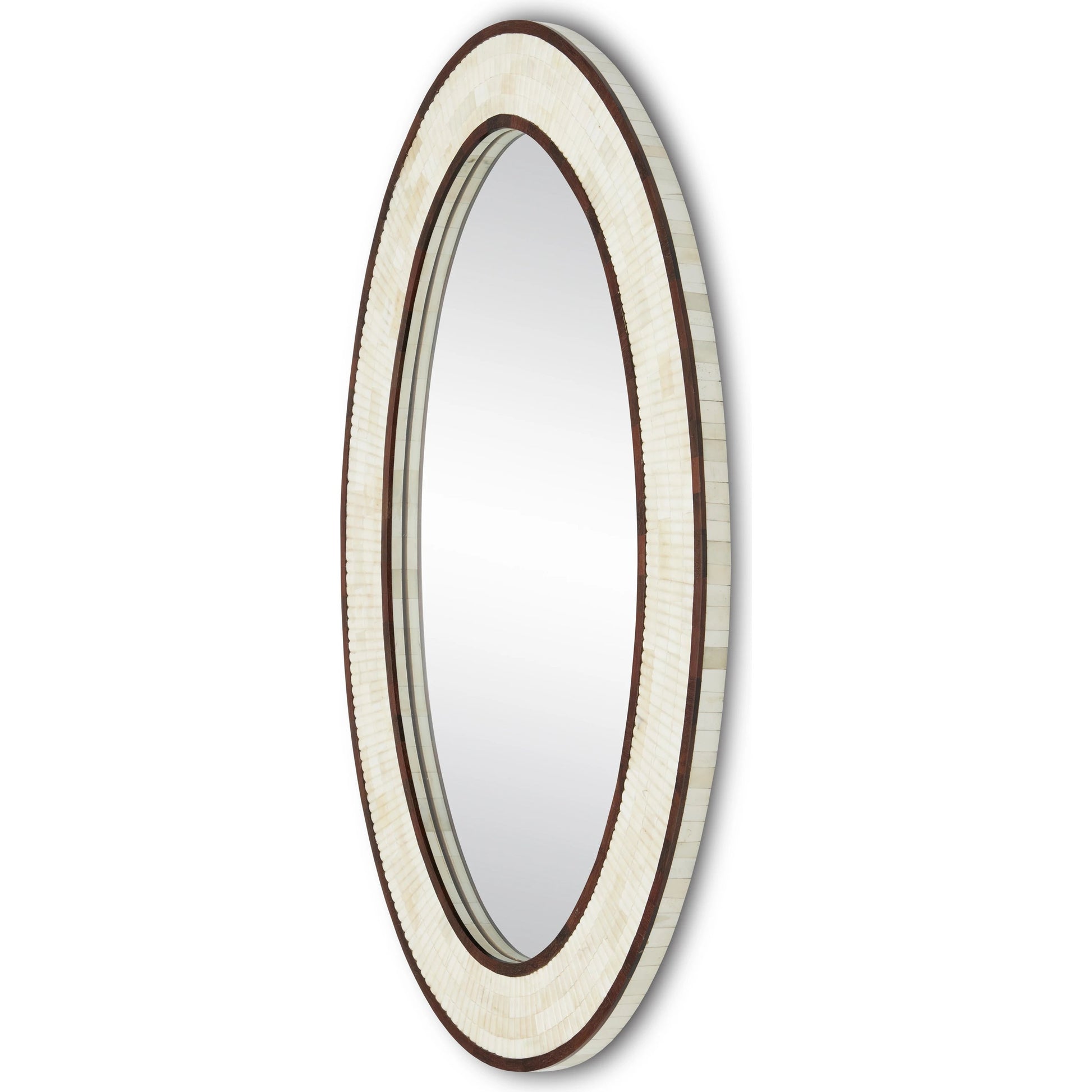 Andar Oval Mirror by Currey and Company in natural, dark walnut, mirror. Made from bone, wood, engineered hardwood, glass in a modern style.