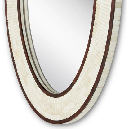Andar Oval Mirror by Currey and Company in natural, dark walnut, mirror. Made from bone, wood, engineered hardwood, glass in a modern style.
