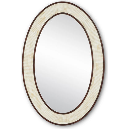 Andar Oval Mirror by Currey and Company in natural, dark walnut, mirror. Made from bone, wood, engineered hardwood, glass in a modern style.
