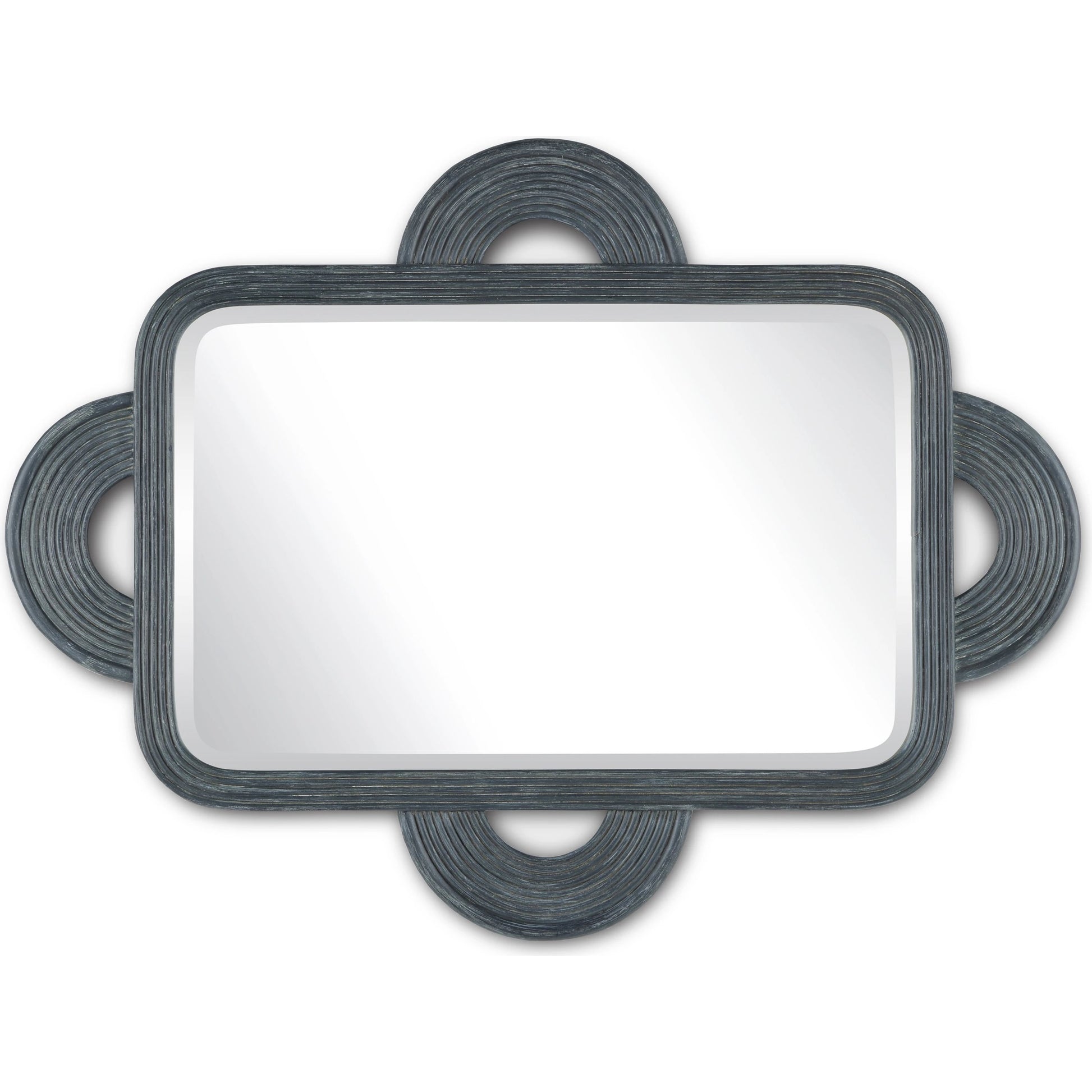 Santos Rectangular Mirror by Currey and Company in navy. Made from rattan, mahogany, glass in a modern style.