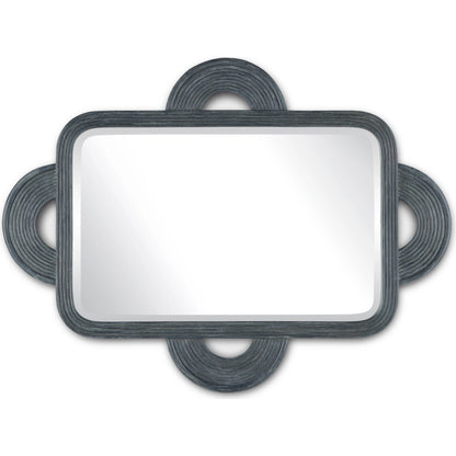 Santos Rectangular Mirror by Currey and Company in navy. Made from rattan, mahogany, glass in a modern style.