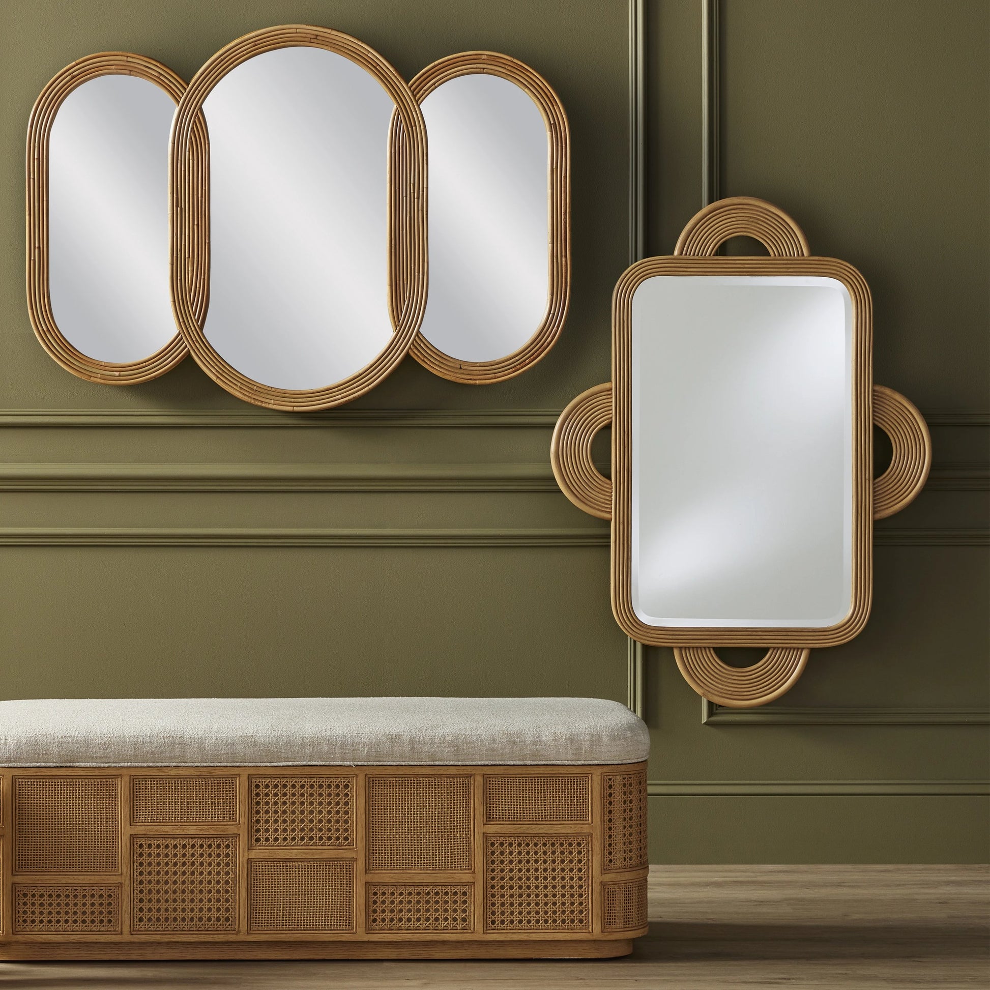 Santos Rectangular Mirror by Currey and Company in navy. Made from rattan, mahogany, glass in a modern style.
