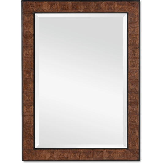 Dorian Mirror by Currey and Company in kona, black. Made from oak veneer, mahogany, glass in a traditional style.