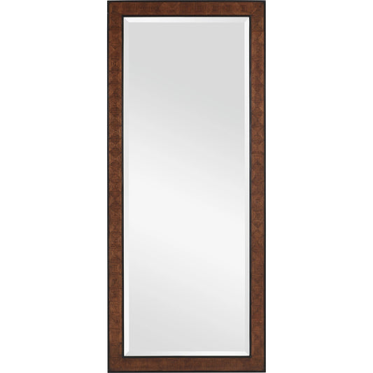 Dorian Floor Mirror by Currey and Company in kona, black. Made from oak veneer, mahogany, glass in a modern style.