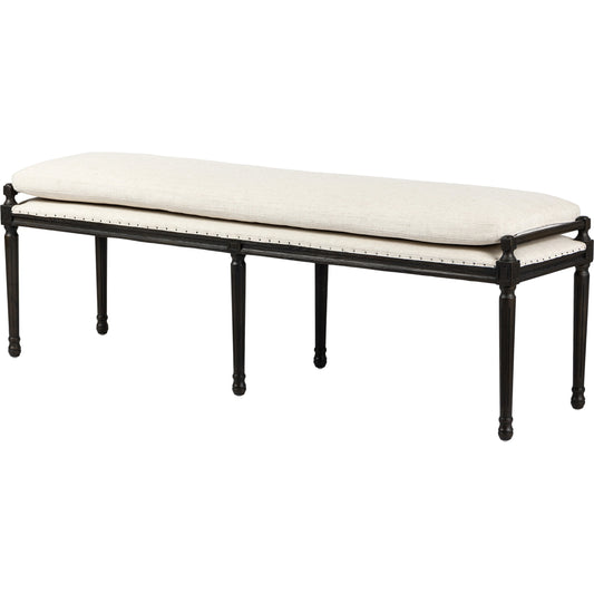 Lucille Dining Bench by Four Hands in alcala cream, charcoal oak. Made from solid oak, 70% polyester, 20% viscose (rayon), 10% flax, linen in a cottage & farmhouse style.