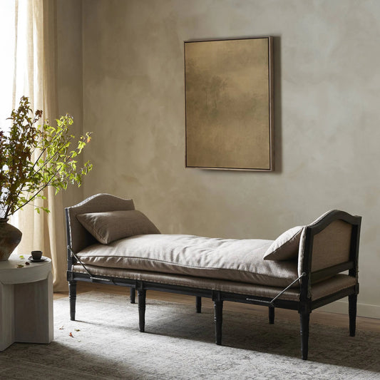 Allison Chaise by Four Hands in alcala fawn, black wash. Made from 70% polyester, 20% viscose (rayon), 10% flax, linen, solid nettlewood, 100% polyester in a cottage & farmhouse style.