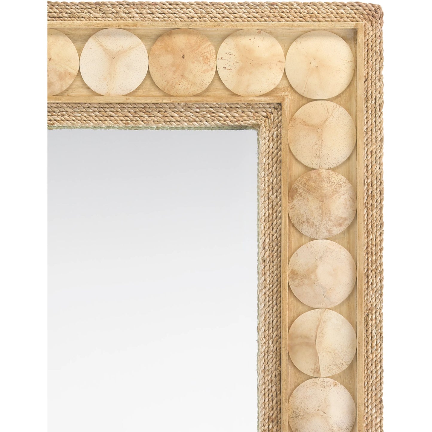 003 SR-890063 | Closeup | Buko Rectangular Mirror by Currey and Company in straw, natural abaca rope, coco shell, mirror. Made from wood, abaca rope, coco shell, glass in a modern style.