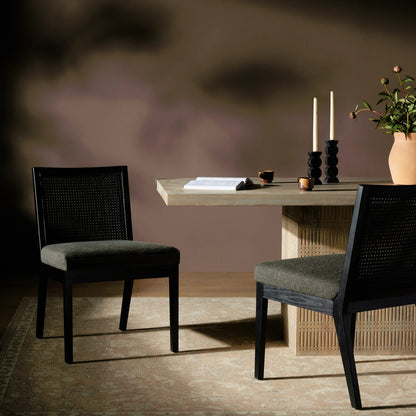 Antonia Cane Dining Chair by Four Hands in brushed ebony, sonoma black. Made from top grain leather, solid nettlewood, cane in a modern style.
