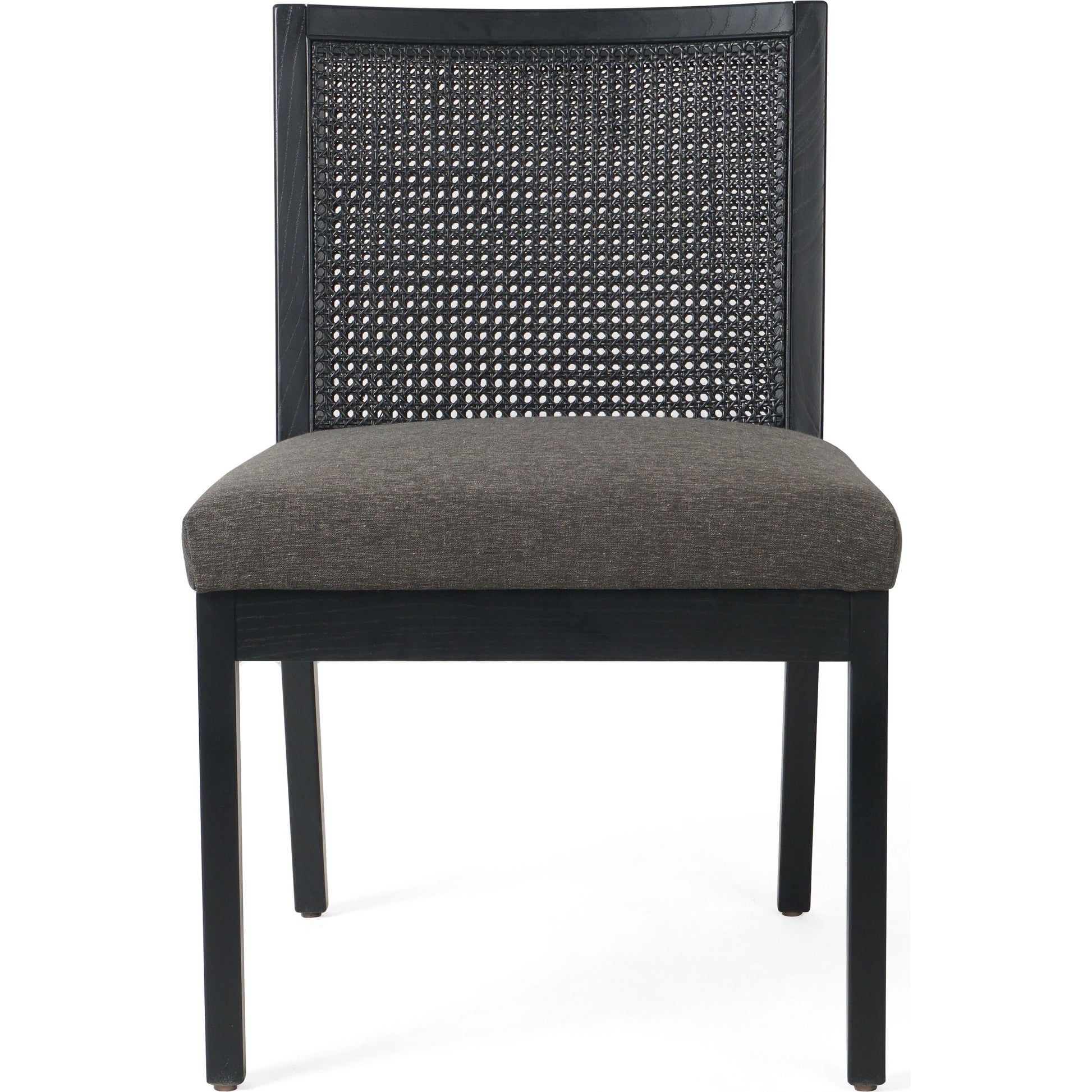 Antonia Cane Dining Chair by Four Hands in brushed ebony, sonoma black. Made from top grain leather, solid nettlewood, cane in a modern style.
