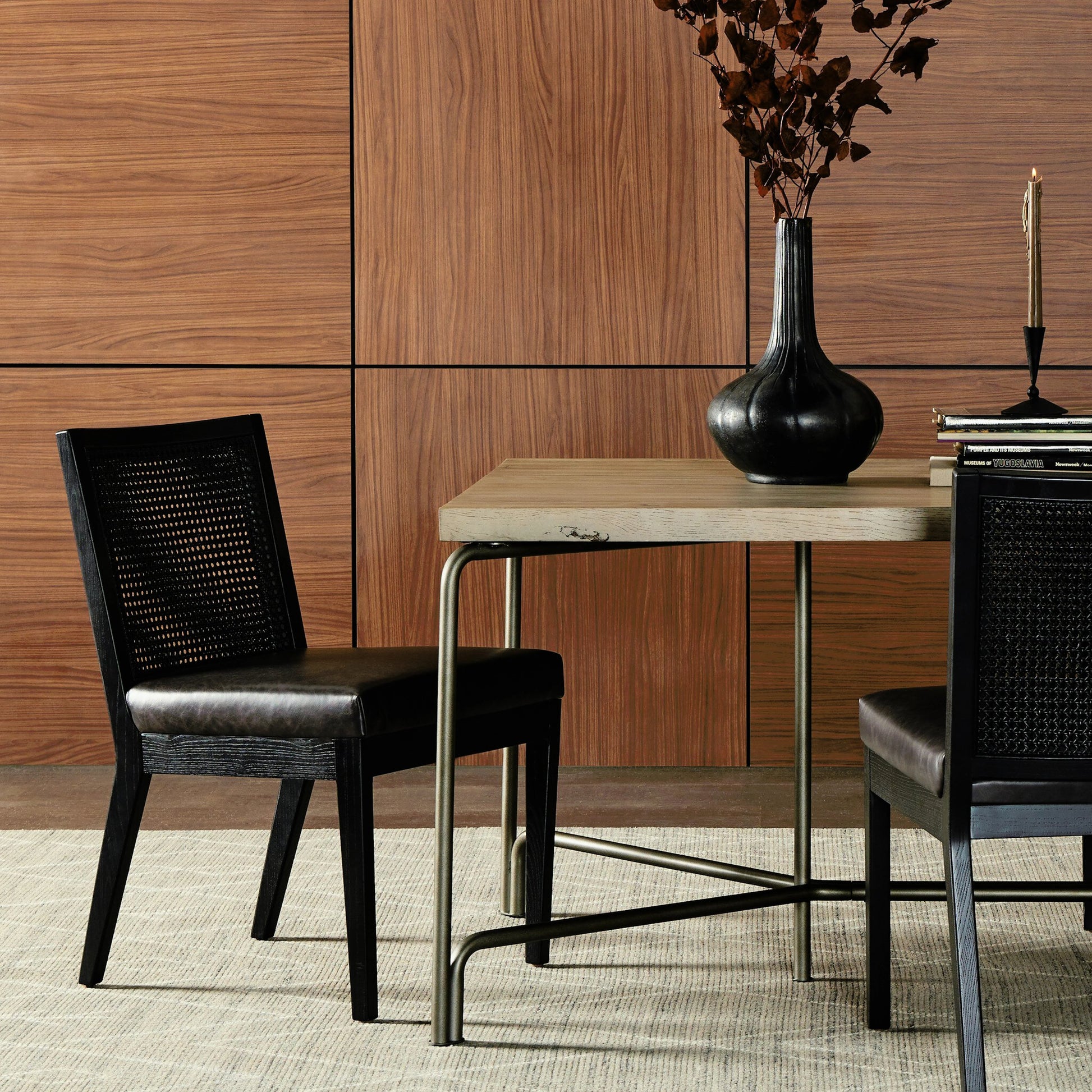 Antonia Cane Dining Chair by Four Hands in brushed ebony, sonoma black. Made from top grain leather, solid nettlewood, cane in a modern style.