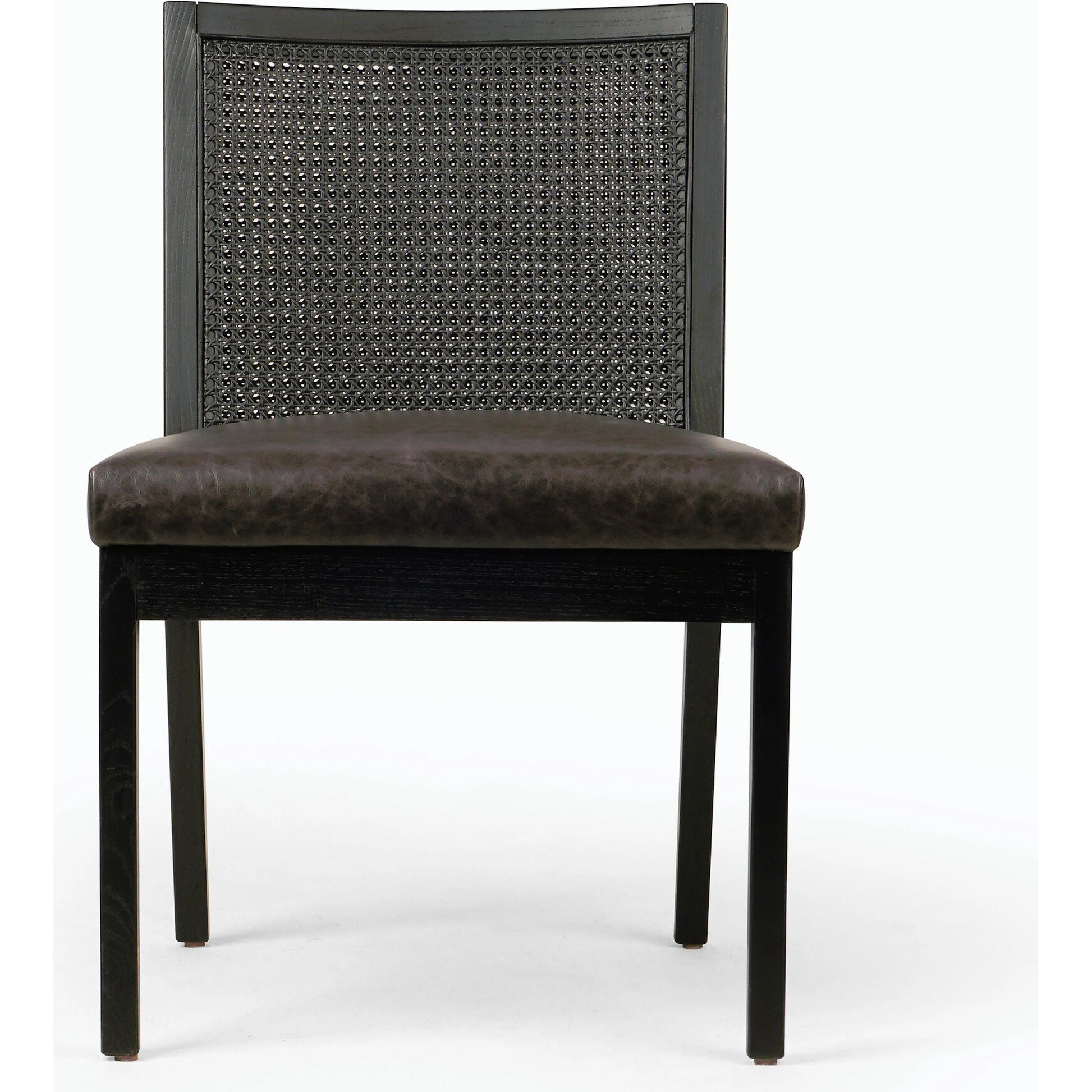 Antonia Cane Dining Chair by Four Hands in brushed ebony, sonoma black. Made from top grain leather, solid nettlewood, cane in a modern style.