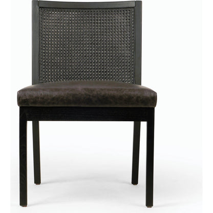 Antonia Cane Dining Chair by Four Hands in brushed ebony, sonoma black. Made from top grain leather, solid nettlewood, cane in a modern style.