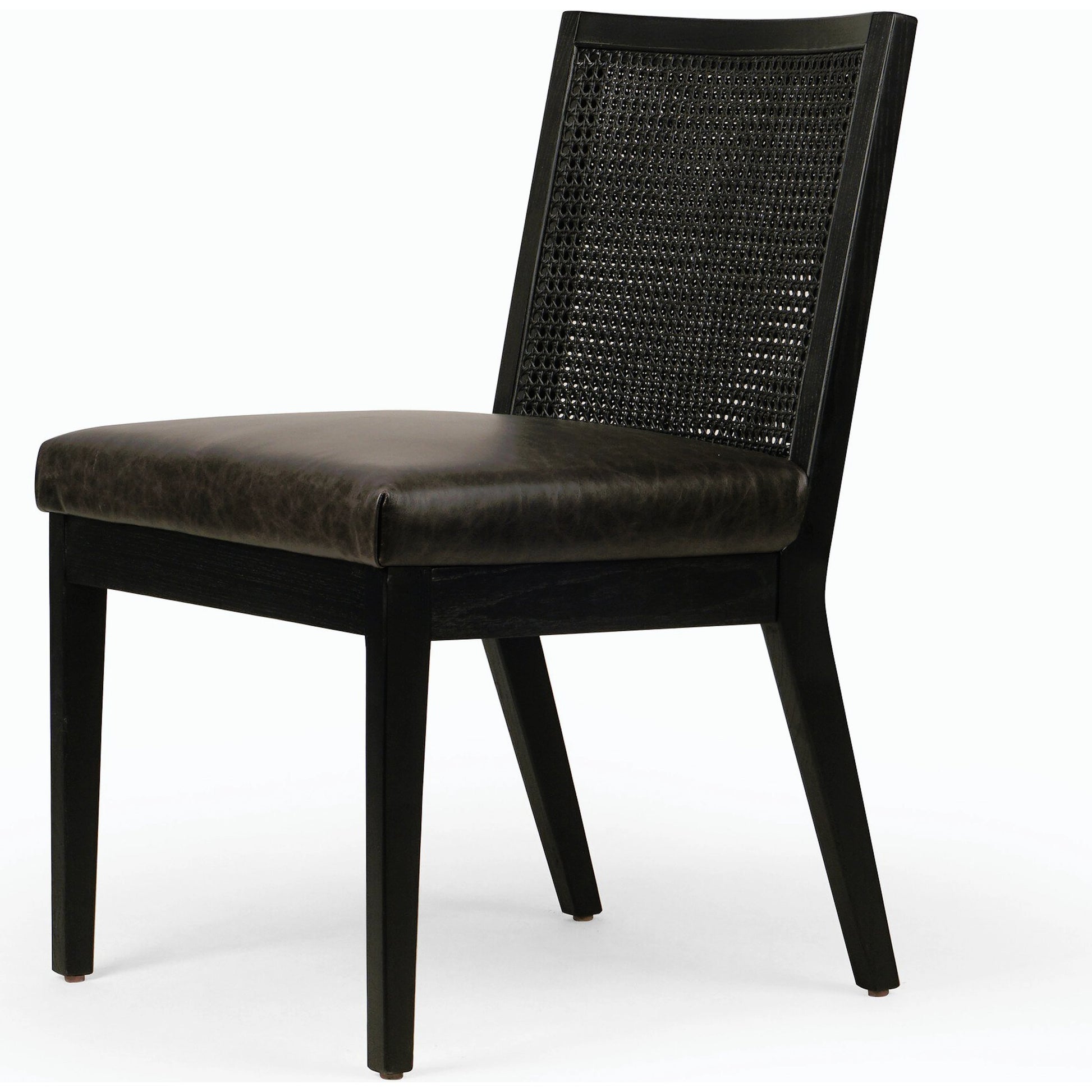 Antonia Cane Dining Chair by Four Hands in brushed ebony, sonoma black. Made from top grain leather, solid nettlewood, cane in a modern style.