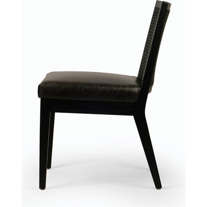 Antonia Cane Dining Chair by Four Hands in brushed ebony, sonoma black. Made from top grain leather, solid nettlewood, cane in a modern style.