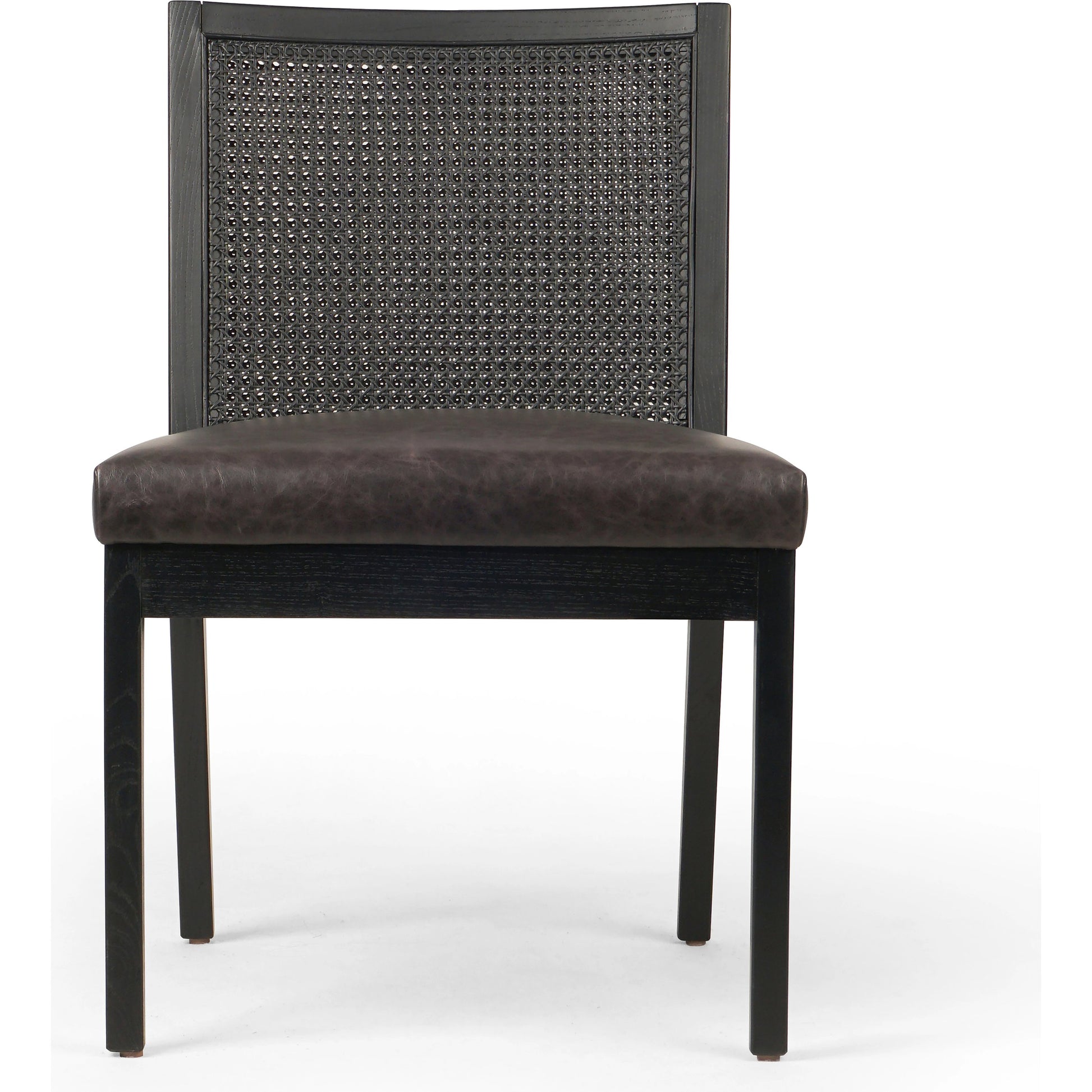 Antonia Cane Dining Chair by Four Hands in brushed ebony, sonoma black. Made from top grain leather, solid nettlewood, cane in a modern style.
