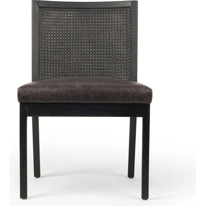 Antonia Cane Dining Chair by Four Hands in brushed ebony, sonoma black. Made from top grain leather, solid nettlewood, cane in a modern style.