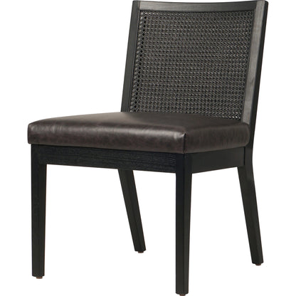 Antonia Cane Dining Chair by Four Hands in brushed ebony, sonoma black. Made from top grain leather, solid nettlewood, cane in a modern style.