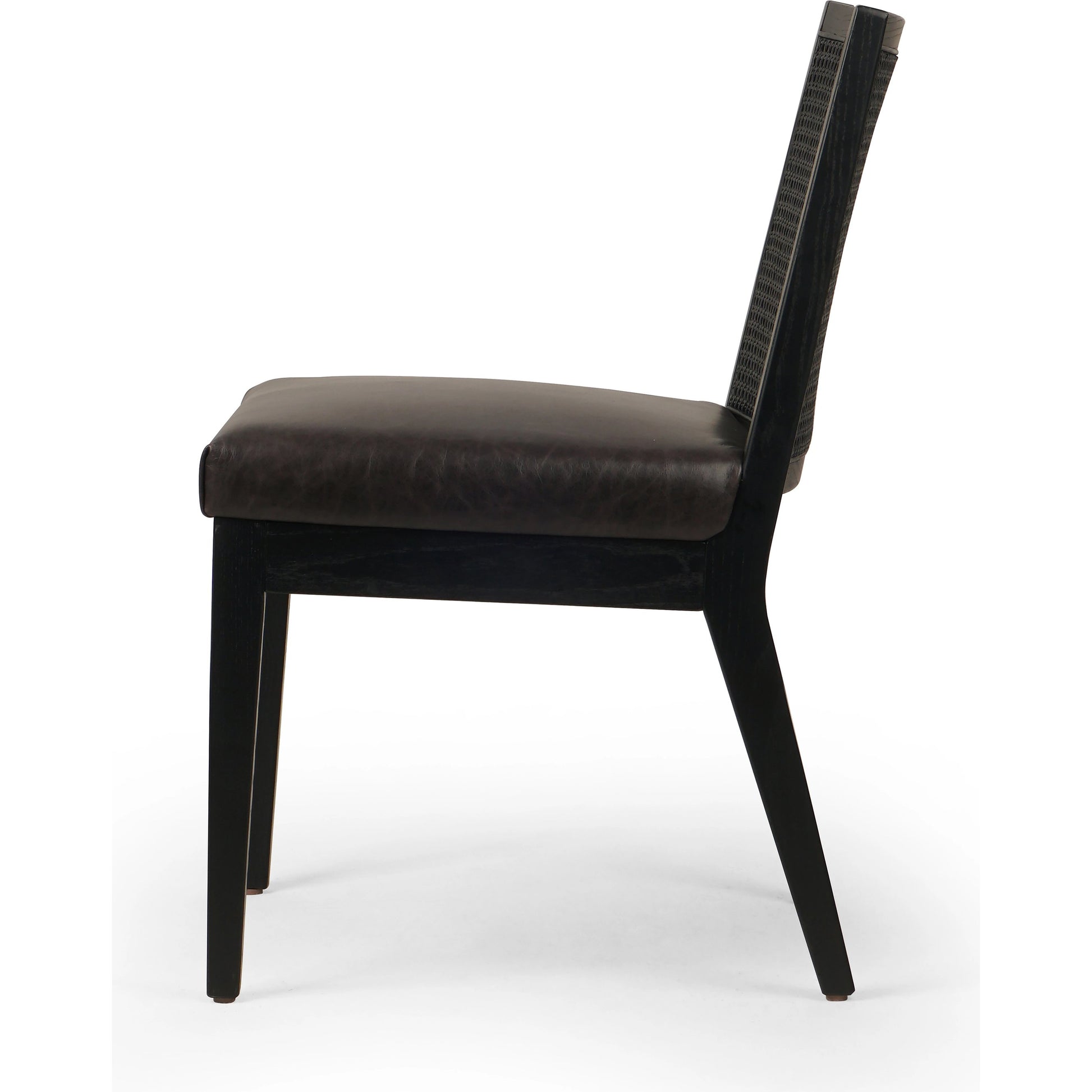Antonia Cane Dining Chair by Four Hands in brushed ebony, sonoma black. Made from top grain leather, solid nettlewood, cane in a modern style.