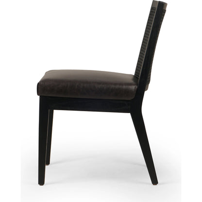 Antonia Cane Dining Chair by Four Hands in brushed ebony, sonoma black. Made from top grain leather, solid nettlewood, cane in a modern style.