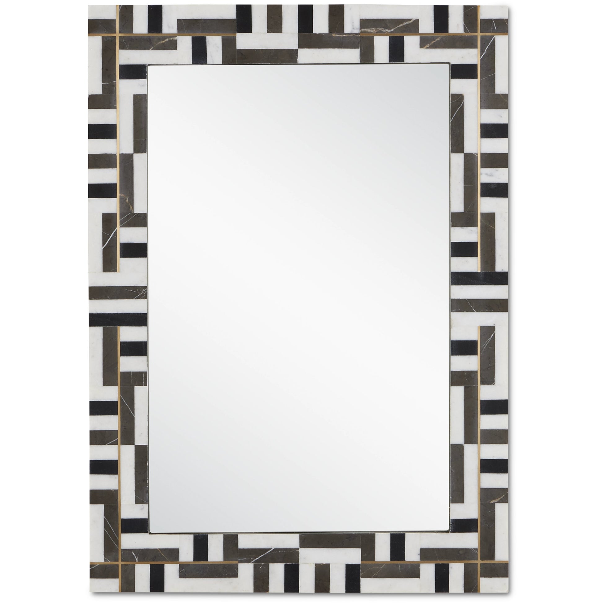 Gentry Mirror by Currey and Company in natural, brass. Made from ambaji marble, marquina marble, pietra gray marble, brass in a modern style.