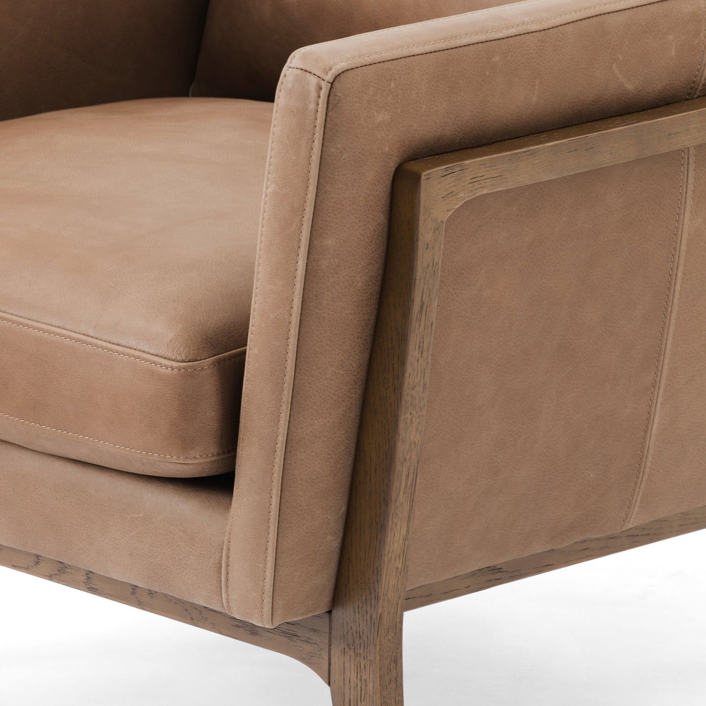 016 SI-1901552 | Closeup | Dash Chair by Four Hands in palermo drift and distressed natural. Made from top grain leather, solid oak, 100% polyester in a modern style.