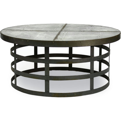 Alden Round Coffee Table by Zentique in rustic galvanized tin and cold rolled steel. Made from cold rolled steel in a modern style.
