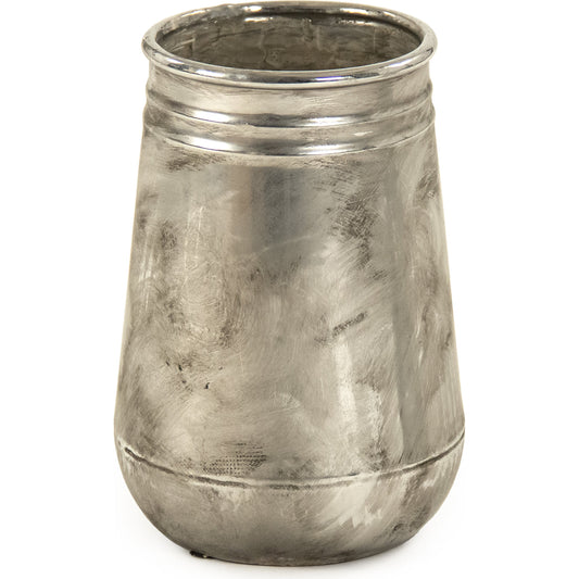 Distressed Metallic Ridge Vase by Zentique in distressed metallic silver. Made from stoneware in a traditional style.