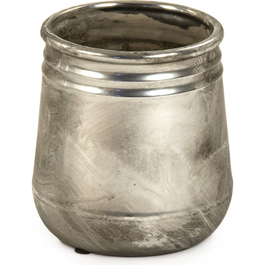 Distressed Metallic Ridge Vase by Zentique in distressed metallic silver. Made from stoneware in a traditional style.