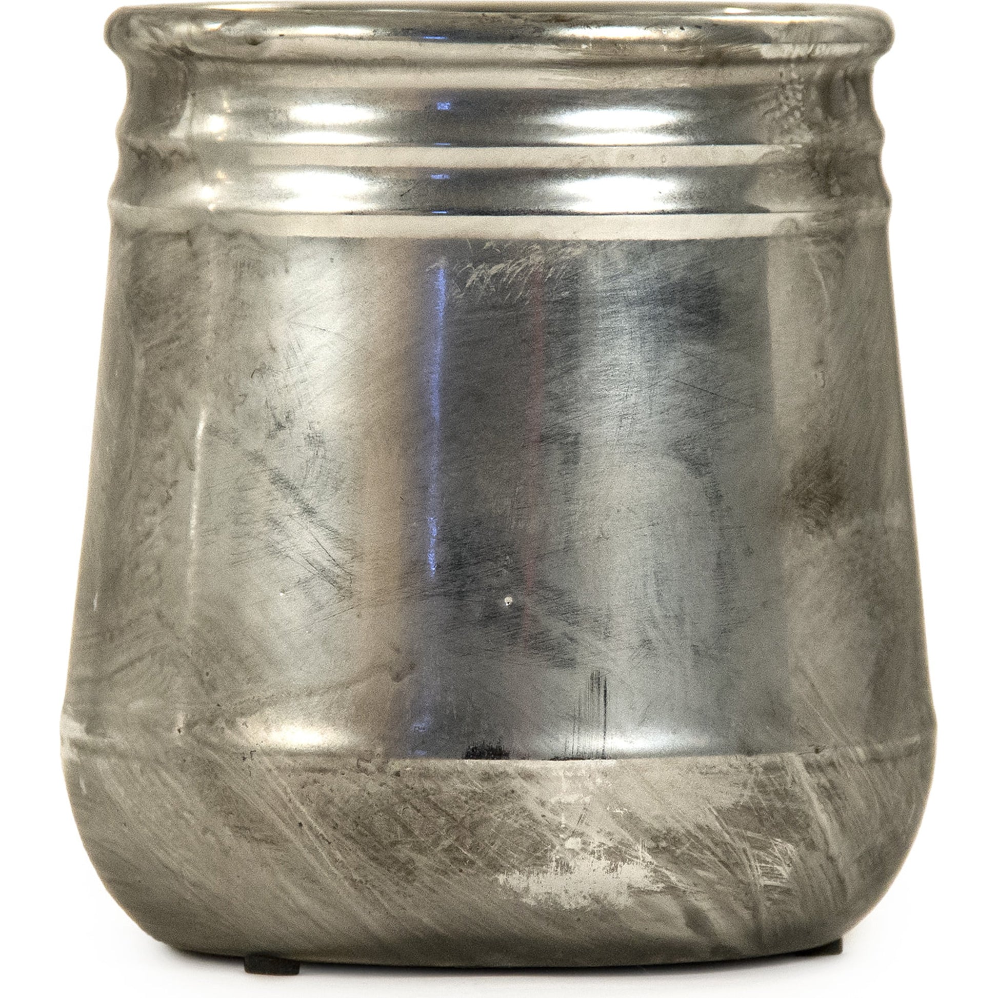 Distressed Metallic Ridge Vase by Zentique in distressed metallic silver. Made from stoneware in a traditional style.