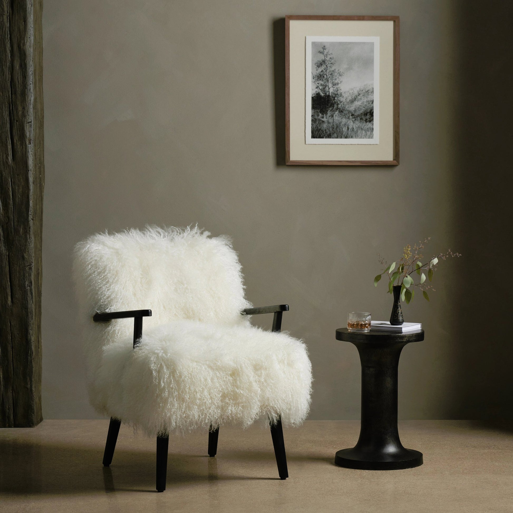 Ashland Armchair by Four Hands in mongolia cream fur, drifted oak. Made from mongolia fur, solid oak, 100% polyester in a modern style.