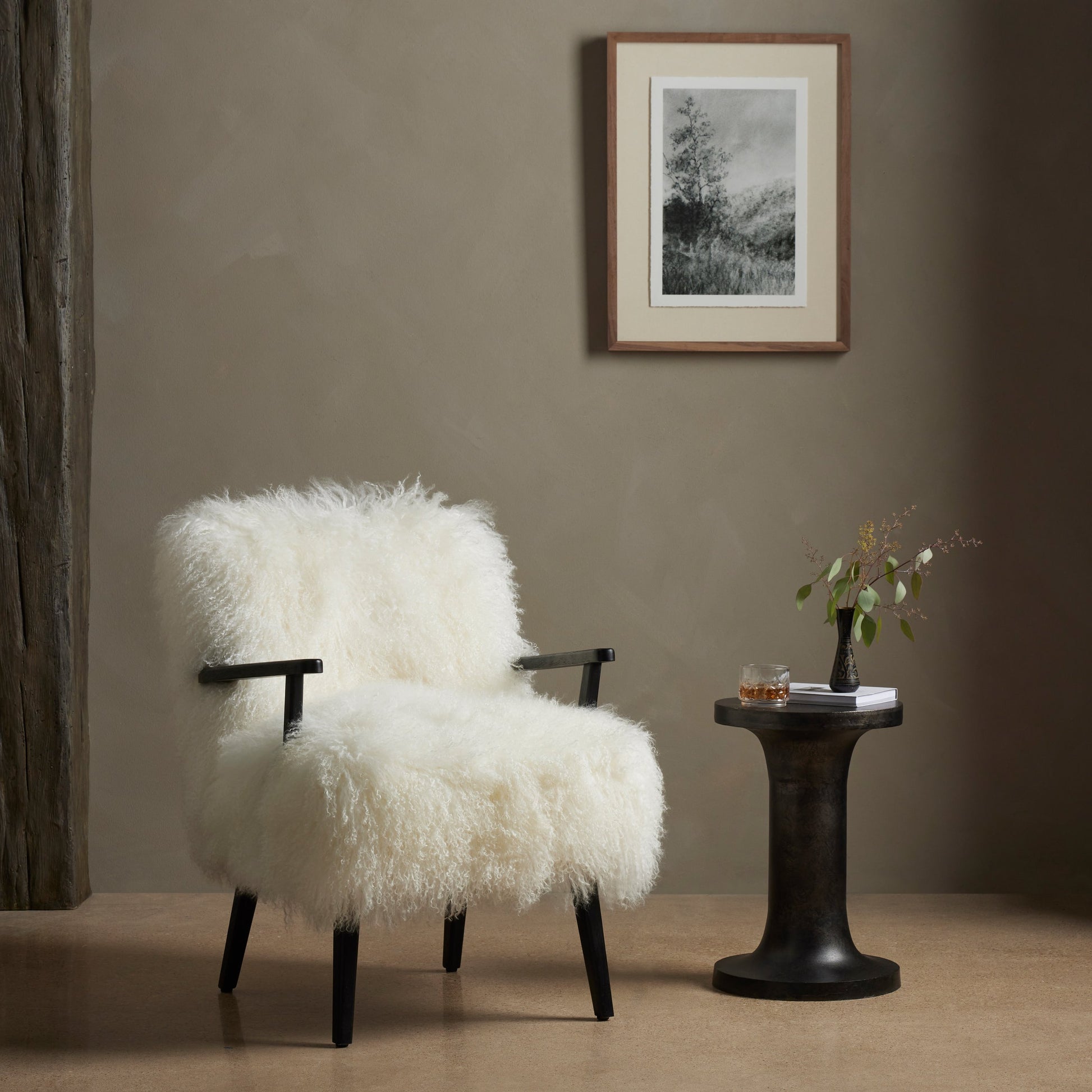 Ashland Armchair by Four Hands in mongolia cream fur, drifted oak. Made from mongolia fur, solid oak, 100% polyester in a modern style.