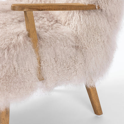 Ashland Armchair by Four Hands in mongolia cream fur, drifted oak. Made from mongolia fur, solid oak, 100% polyester in a modern style.