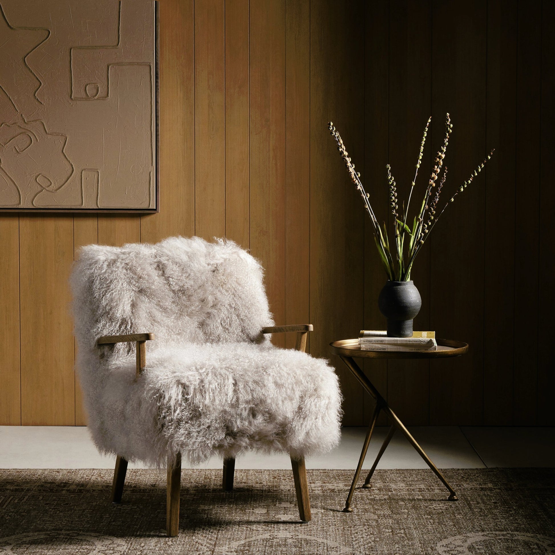 Ashland Armchair by Four Hands in mongolia cream fur, drifted oak. Made from mongolia fur, solid oak, 100% polyester in a modern style.