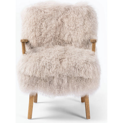 Ashland Armchair by Four Hands in mongolia cream fur, drifted oak. Made from mongolia fur, solid oak, 100% polyester in a modern style.