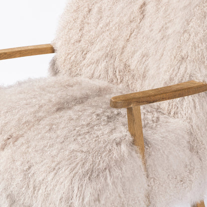 Ashland Armchair by Four Hands in mongolia cream fur, drifted oak. Made from mongolia fur, solid oak, 100% polyester in a modern style.