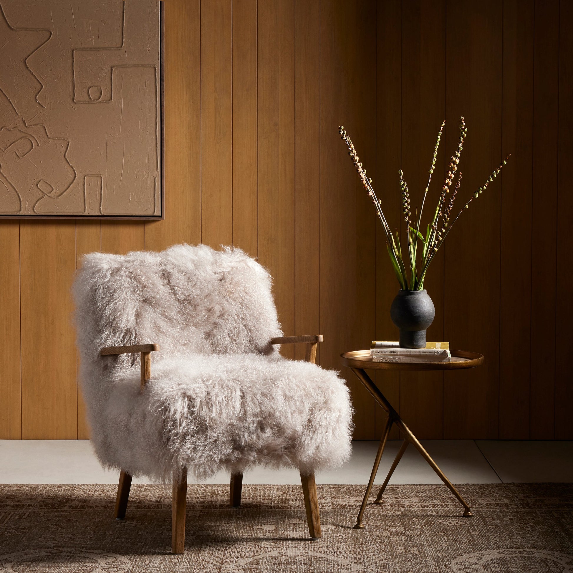 Ashland Armchair by Four Hands in mongolia cream fur, drifted oak. Made from mongolia fur, solid oak, 100% polyester in a modern style.