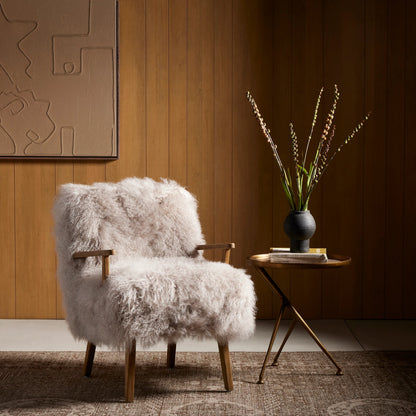 Ashland Armchair by Four Hands in mongolia cream fur, drifted oak. Made from mongolia fur, solid oak, 100% polyester in a modern style.