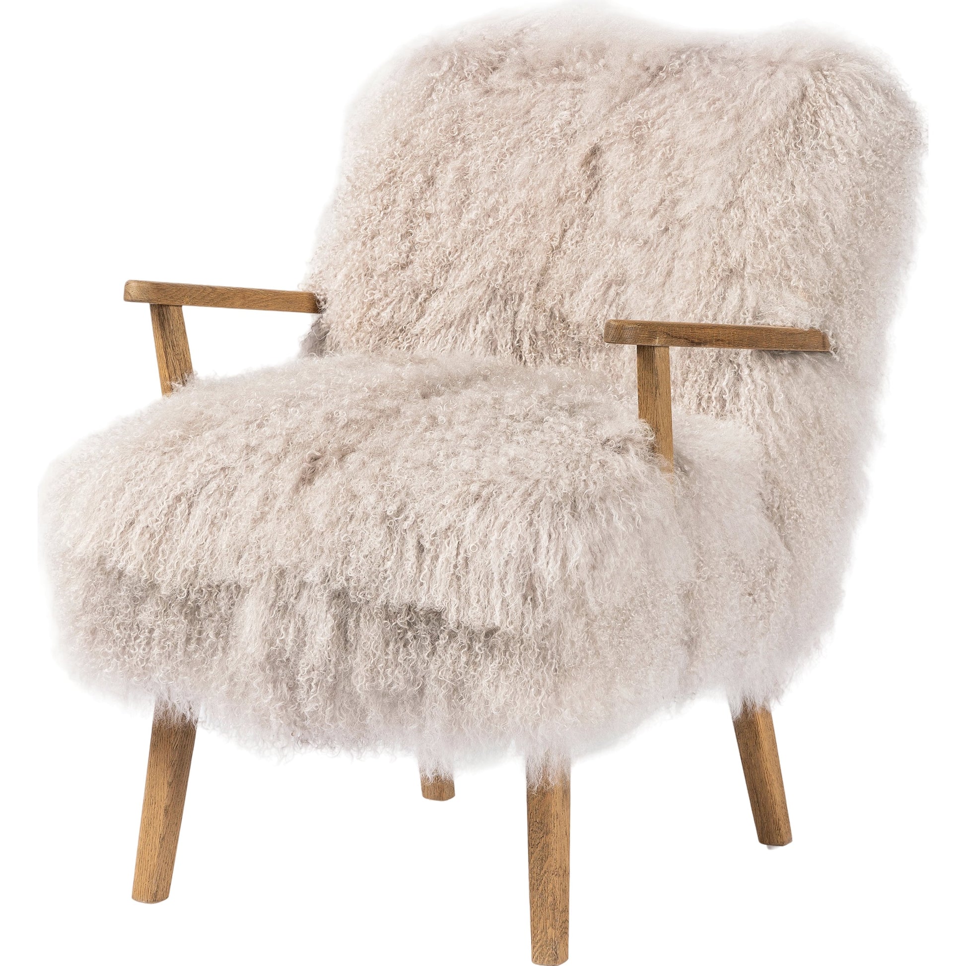 Ashland Armchair by Four Hands in mongolia cream fur, drifted oak. Made from mongolia fur, solid oak, 100% polyester in a modern style.