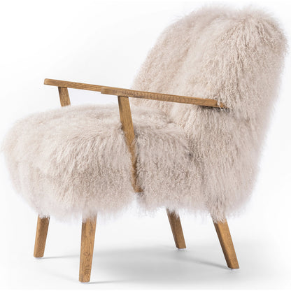 Ashland Armchair by Four Hands in mongolia cream fur, drifted oak. Made from mongolia fur, solid oak, 100% polyester in a modern style.