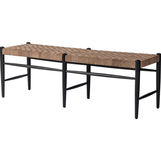 Wyatt Bench by Four Hands in coffee suede, drifted black. Made from top grain leather, solid oak, 100% polyester in a coastal style.