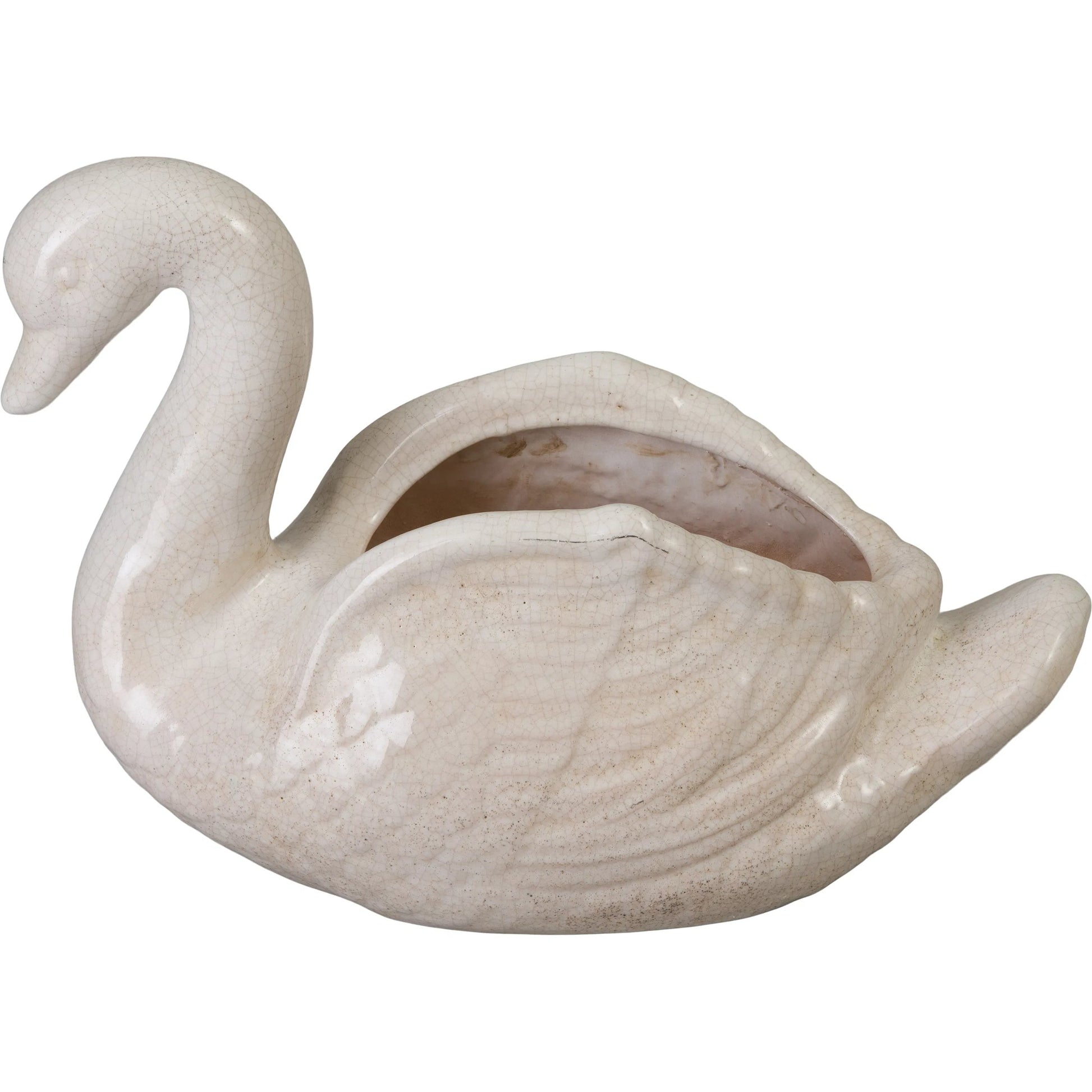 Swan Indoor/Outdoor Planter by Emissary in white crackle and glossy. Made from ceramic in a unique style.