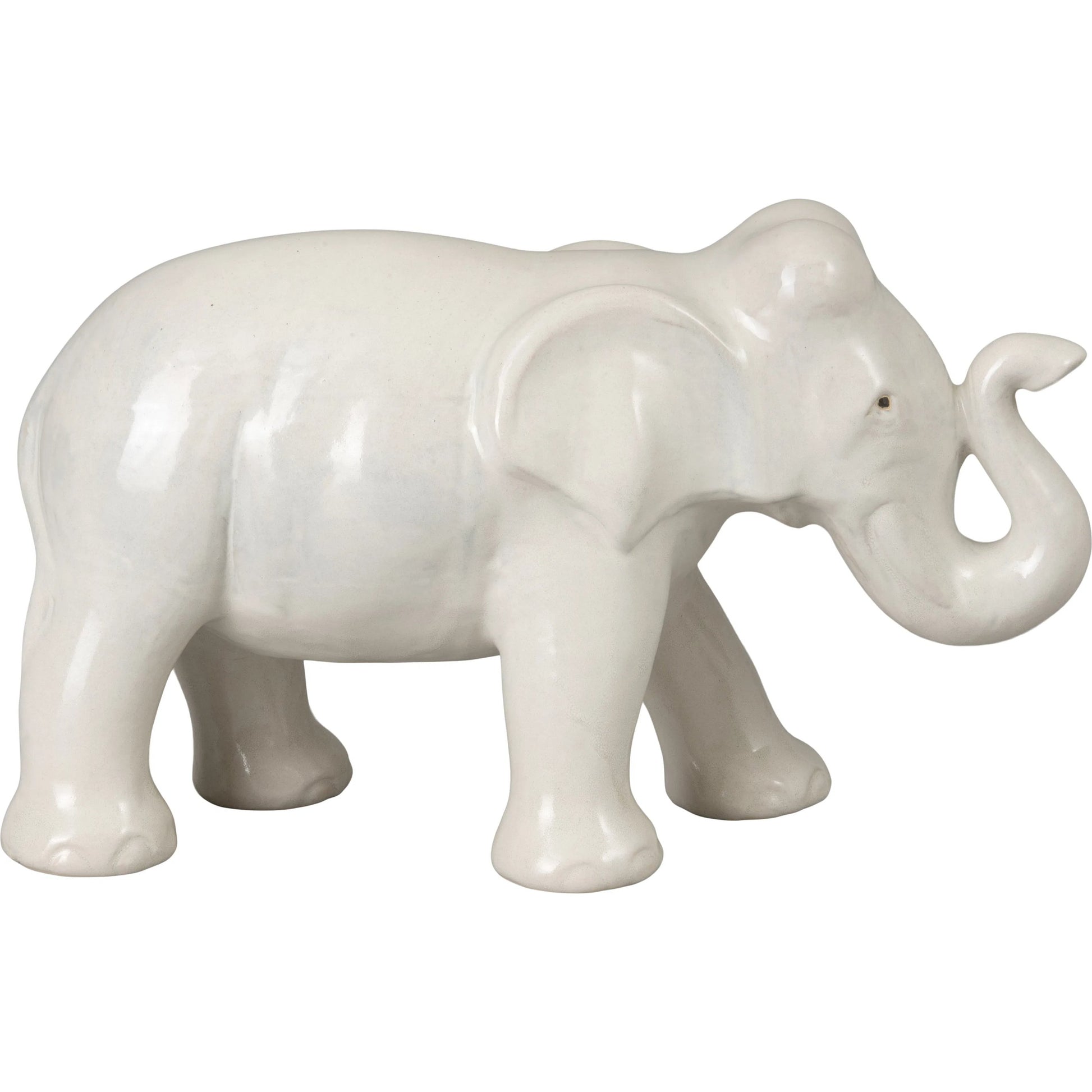 Elephant Indoor/Outdoor Trunk up by Emissary in moon white and glossy glaze. Made from ceramic in a unique style.