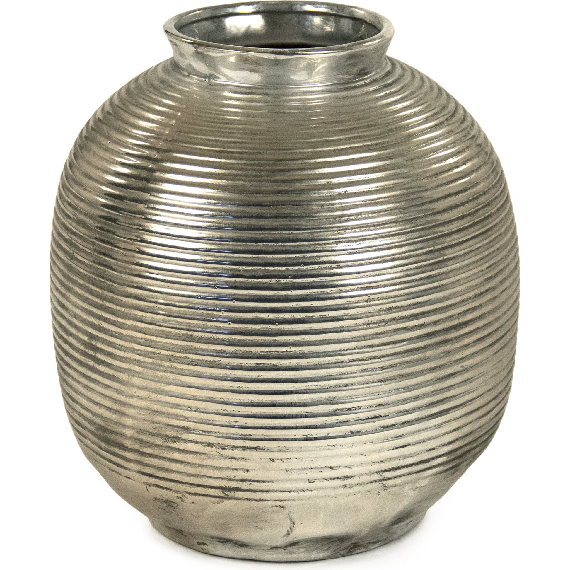 Distressed Metallic Spherical Vase by Zentique in distressed metallic silver and stoneware. Made from stoneware in a modern style.