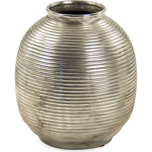 Distressed Metallic Spherical Vase by Zentique in distressed metallic silver and stoneware. Made from stoneware in a modern style.